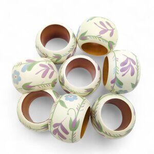Set of 8 Hand Painted‎ Wooden Floral Napkin Rings Cottagecore Table Decor